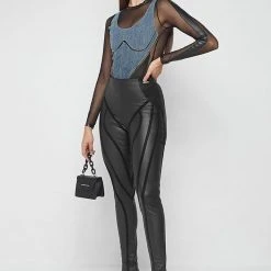 Woman Tops Denim Corset Mesh Bodysuit - Black/Mid Blue