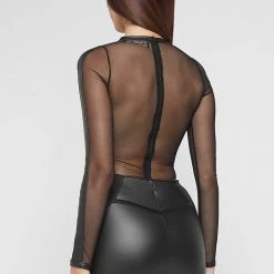 Woman Tops Denim Corset Mesh Bodysuit - Black/Mid Blue