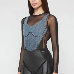Woman Tops Denim Corset Mesh Bodysuit - Black/Mid Blue