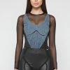 Woman Tops Denim Corset Mesh Bodysuit - Black/Mid Blue