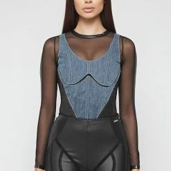 Woman Tops Denim Corset Mesh Bodysuit - Black/Mid Blue