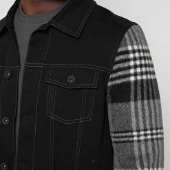 Man Jackets Denim Jacket With Brush Check Sleeves - Black