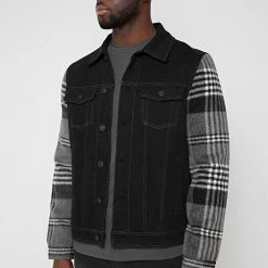 Man Jackets Denim Jacket With Brush Check Sleeves - Black