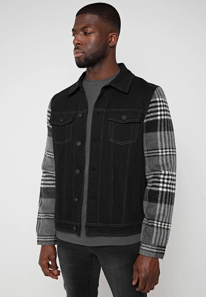Man Jackets Denim Jacket With Brush Check Sleeves - Black