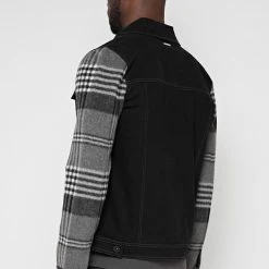 Man Jackets Denim Jacket With Brush Check Sleeves - Black