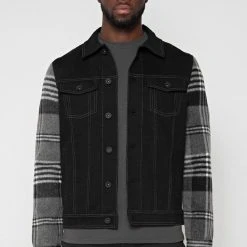Man Jackets Denim Jacket With Brush Check Sleeves - Black