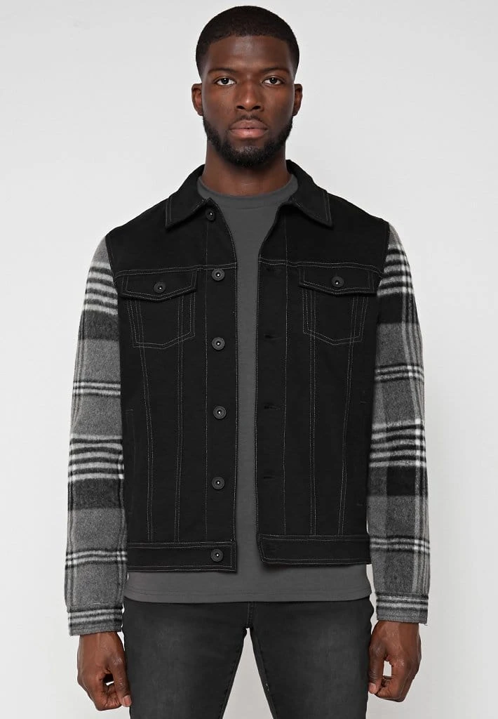 Man Jackets Denim Jacket With Brush Check Sleeves - Black