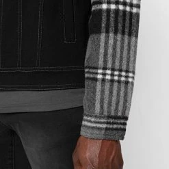 Man Jackets Denim Jacket With Brush Check Sleeves - Black