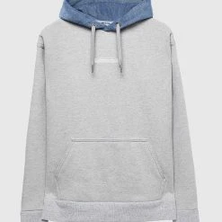 Woman Hoodies Denim Panel Hoodie With Graphic - Mid Blue