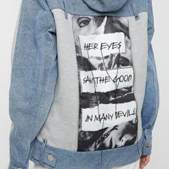 Woman Hoodies Denim Panel Hoodie With Graphic - Mid Blue