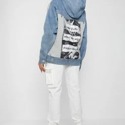 Woman Hoodies Denim Panel Hoodie With Graphic - Mid Blue