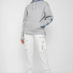 Woman Hoodies Denim Panel Hoodie With Graphic - Mid Blue