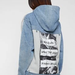 Woman Hoodies Denim Panel Hoodie With Graphic - Mid Blue