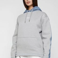 Woman Hoodies Denim Panel Hoodie With Graphic - Mid Blue
