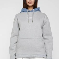 Woman Hoodies Denim Panel Hoodie With Graphic - Mid Blue