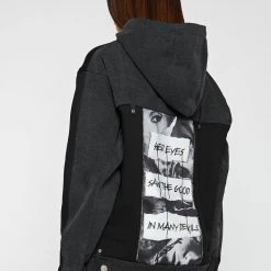 Woman Hoodies HOODIES & JUMPERS Denim Panel Hoodie With Graphic - Washed Black