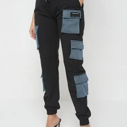 Woman Trousers CARGO PANTS & JOGGERS Denim Patch Cargo Pants - Black