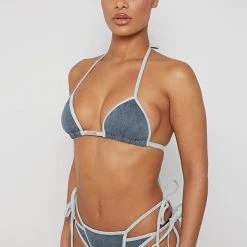 Woman Swim SWIMWEAR Denim Tie Side Bikini Bottoms - Mid Blue