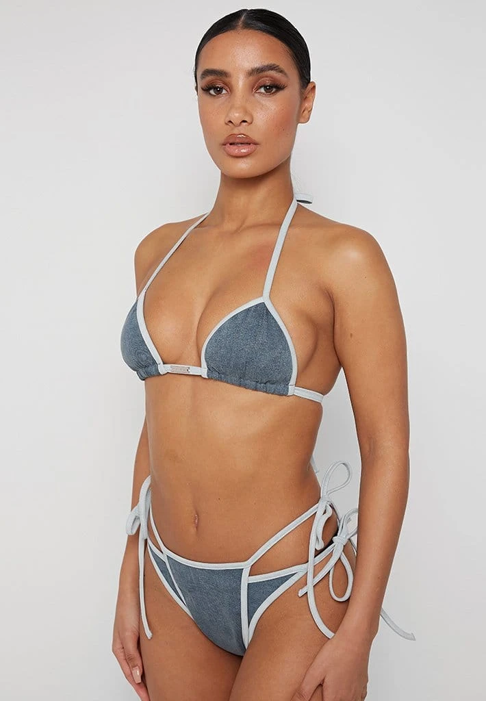 Woman Swim SWIMWEAR Denim Tie Side Bikini Bottoms - Mid Blue