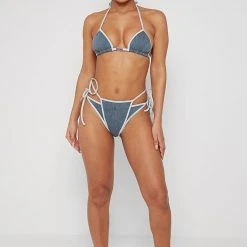 Woman Swim SWIMWEAR Denim Tie Side Bikini Bottoms - Mid Blue
