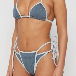 Woman Swim SWIMWEAR Denim Tie Side Bikini Bottoms - Mid Blue