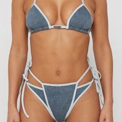 Woman Swim SWIMWEAR Denim Tie Side Bikini Bottoms - Mid Blue