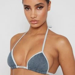 Woman Swim SWIMWEAR Denim Triangle Bikini Top - Mid Blue