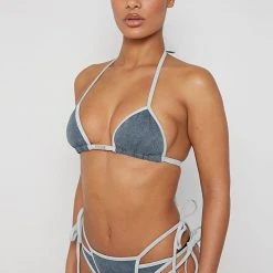 Woman Swim SWIMWEAR Denim Triangle Bikini Top - Mid Blue