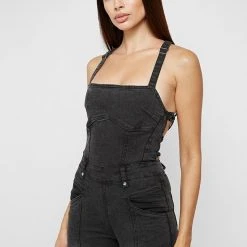 Woman Jumpsuits Denim Unitard - Washed Black