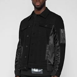Man Jackets Ruched Satin Denim Jacket - Black