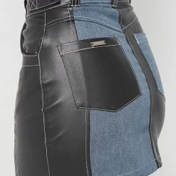 Woman Skirts Denim & Vegan Leather Mini Skirt - Black/Mid Blue