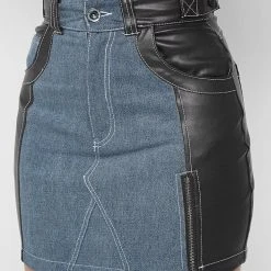 Woman Skirts Denim & Vegan Leather Mini Skirt - Black/Mid Blue