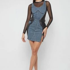 Woman Skirts Denim & Vegan Leather Mini Skirt - Black/Mid Blue