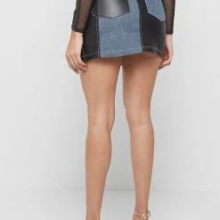 Woman Skirts Denim & Vegan Leather Mini Skirt - Black/Mid Blue