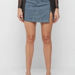 Woman Skirts Denim & Vegan Leather Mini Skirt - Black/Mid Blue