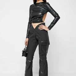 Woman Trousers CARGO PANTS & JOGGERS Dipped Waist Crinkled Nylon Cargo Trousers - Black