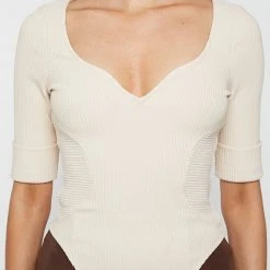 Woman Tops Dipped Hem Sleeved Ribbed Top - Beige TOPS & T SHIRTS