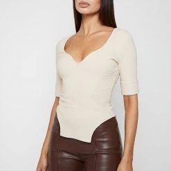 Woman Tops Dipped Hem Sleeved Ribbed Top - Beige TOPS & T SHIRTS