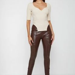 Woman Tops Dipped Hem Sleeved Ribbed Top - Beige TOPS & T SHIRTS