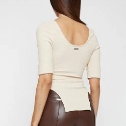 Woman Tops Dipped Hem Sleeved Ribbed Top - Beige TOPS & T SHIRTS