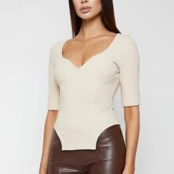 Woman Tops Dipped Hem Sleeved Ribbed Top - Beige TOPS & T SHIRTS