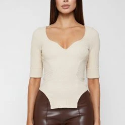 Woman Tops Dipped Hem Sleeved Ribbed Top - Beige TOPS & T SHIRTS