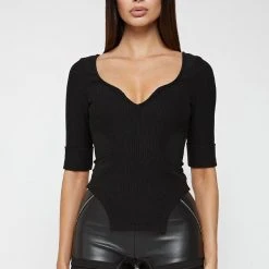 Woman Tops Dipped Hem Sleeved Ribbed Top - Black TOPS & T SHIRTS