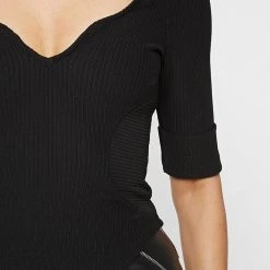 Woman Tops Dipped Hem Sleeved Ribbed Top - Black TOPS & T SHIRTS
