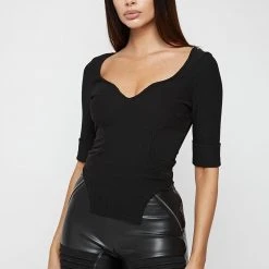 Woman Tops Dipped Hem Sleeved Ribbed Top - Black TOPS & T SHIRTS