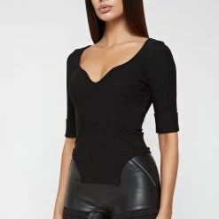 Woman Tops Dipped Hem Sleeved Ribbed Top - Black TOPS & T SHIRTS