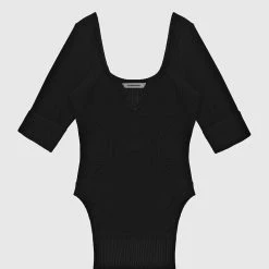 Woman Tops Dipped Hem Sleeved Ribbed Top - Black TOPS & T SHIRTS