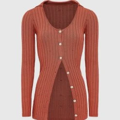 Woman Tops Distressed Knitted Longline Cardigan - Rust