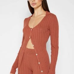 Woman Tops Distressed Knitted Longline Cardigan - Rust