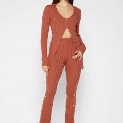 Woman Tops Distressed Knitted Longline Cardigan - Rust